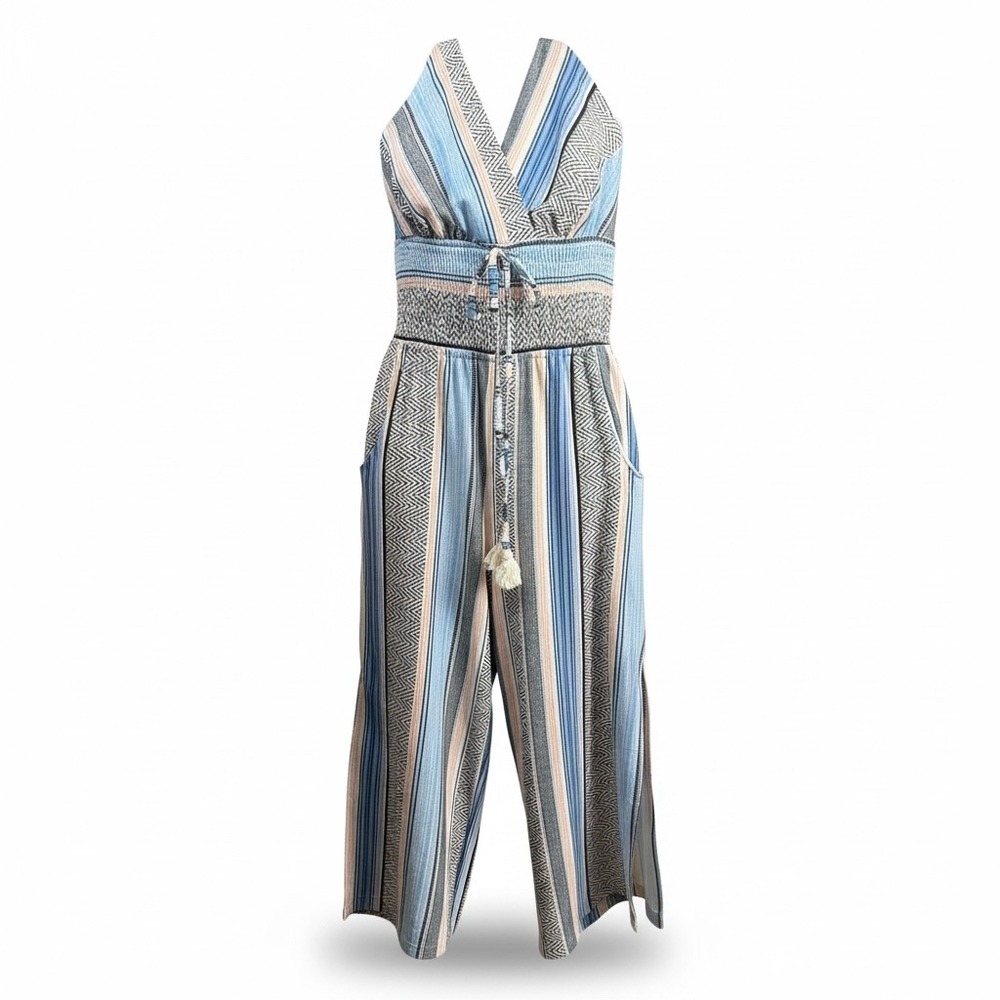 Venus Blue Striped Halter Neck Smocked Waist Wide Leg Jumpsuit S Y91105